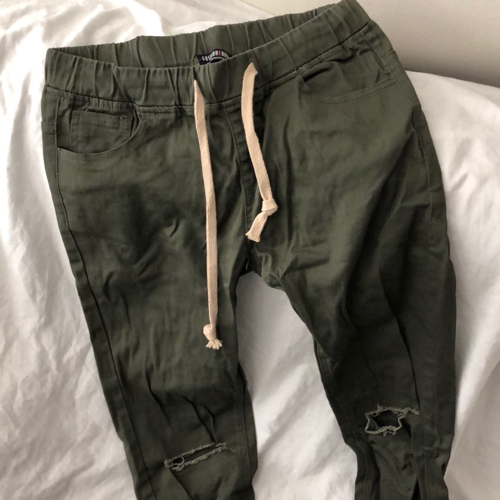 Drawstring army green denim pants